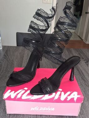Wild Diva /Black Lace Wrap High Heel Sandals- W Sz 8